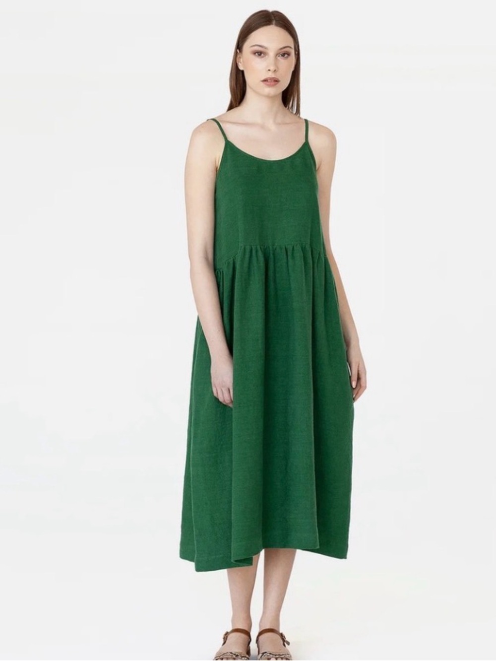 Magic Linen Midi Linen Dress Handmade Spaghetti Straps Venice in Green Size XS